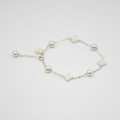 Freshwater Pearl Shell Flower Clover 925 Silver Bracelet | Sweet temperament